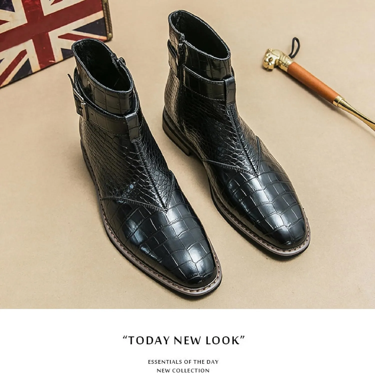 Men's Crocodile Print Leather Chelsea Ankle Boots With Side Zipper Fashion Pointed Toe Ankle Buckle Strap Low Heels Business Dress Booties