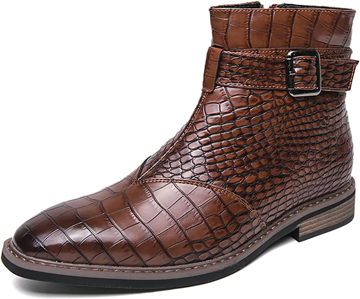 Men's Crocodile Print Leather Chelsea Ankle Boots With Side Zipper Fashion Pointed Toe Ankle Buckle Strap Low Heels Business Dress Booties