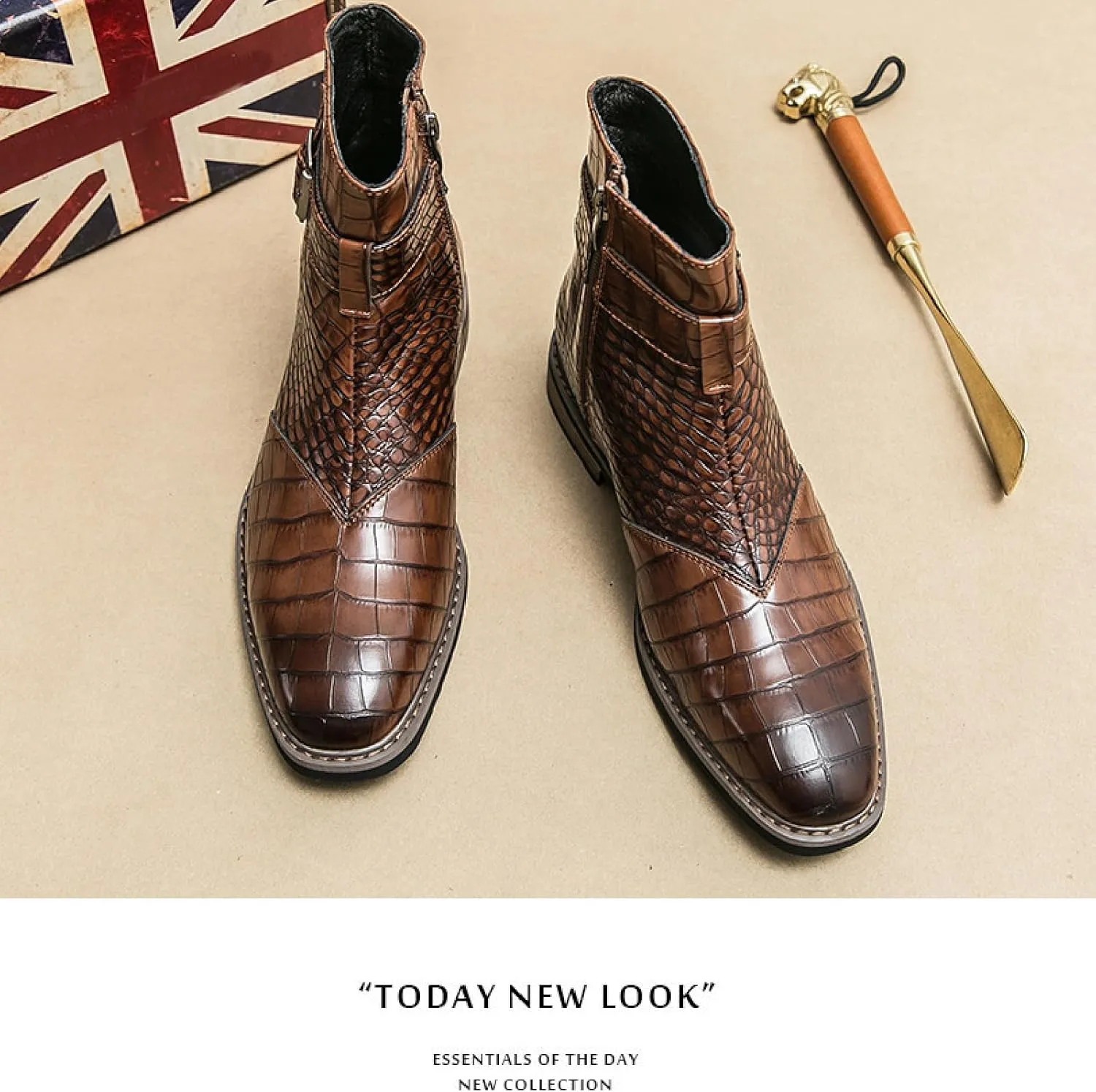 Men's Crocodile Print Leather Chelsea Ankle Boots With Side Zipper Fashion Pointed Toe Ankle Buckle Strap Low Heels Business Dress Booties