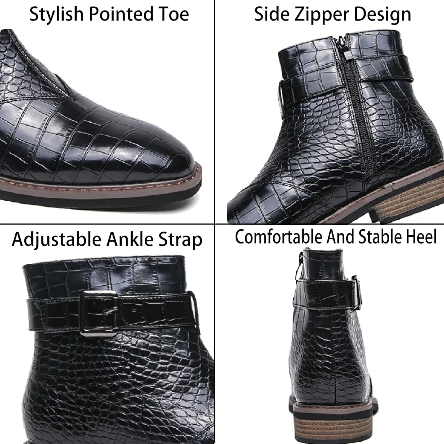 Men's Crocodile Print Leather Chelsea Ankle Boots With Side Zipper Fashion Pointed Toe Ankle Buckle Strap Low Heels Business Dress Booties