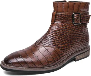 Men's Crocodile Print Leather Chelsea Ankle Boots With Side Zipper Fashion Pointed Toe Ankle Buckle Strap Low Heels Business Dress Booties