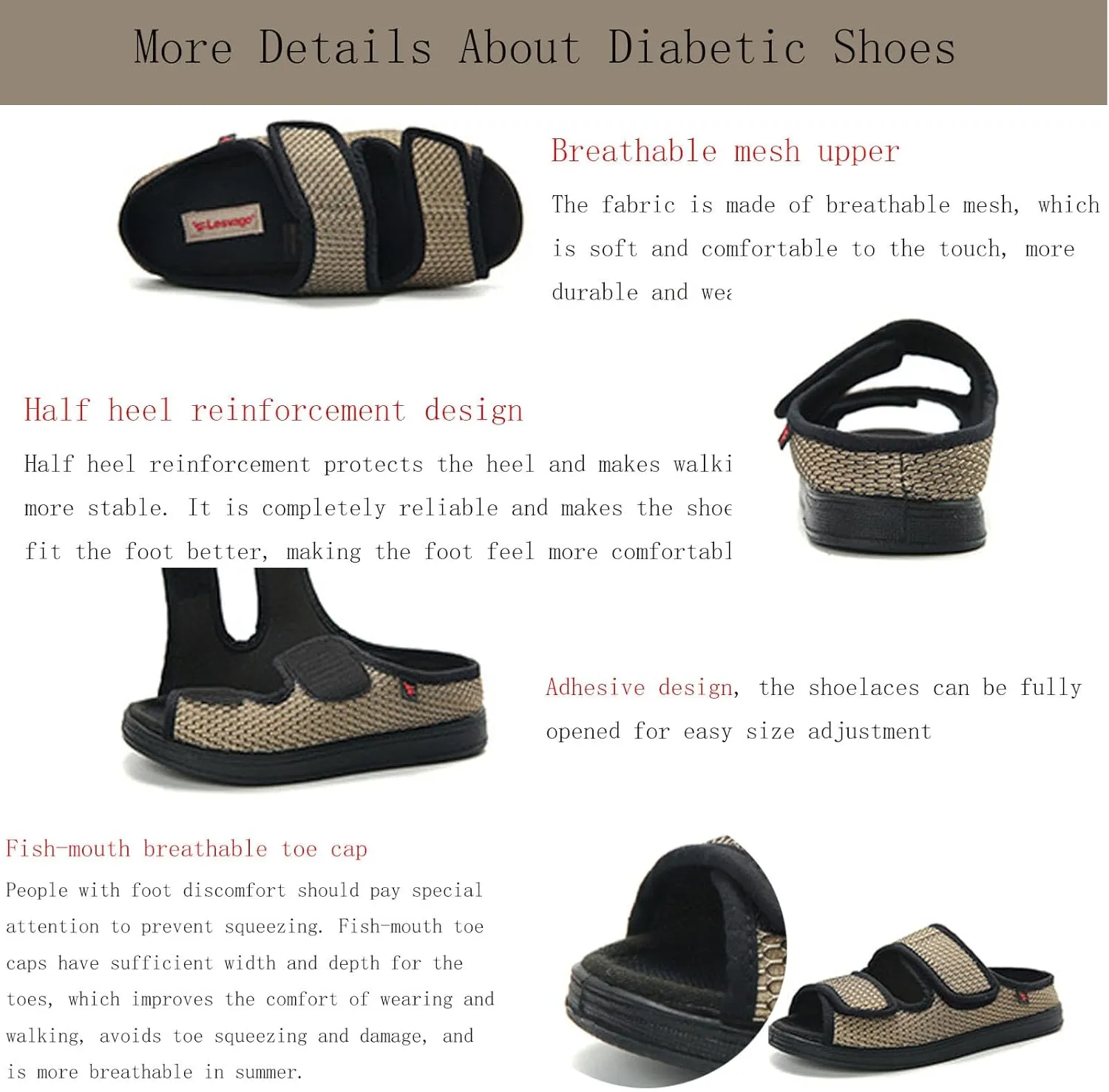 Men's Diabetic Shoes for Swollen Feet for Summer Freely Adjustable, Breathable, Cool, Soft Mesh Fabric Easy on and off