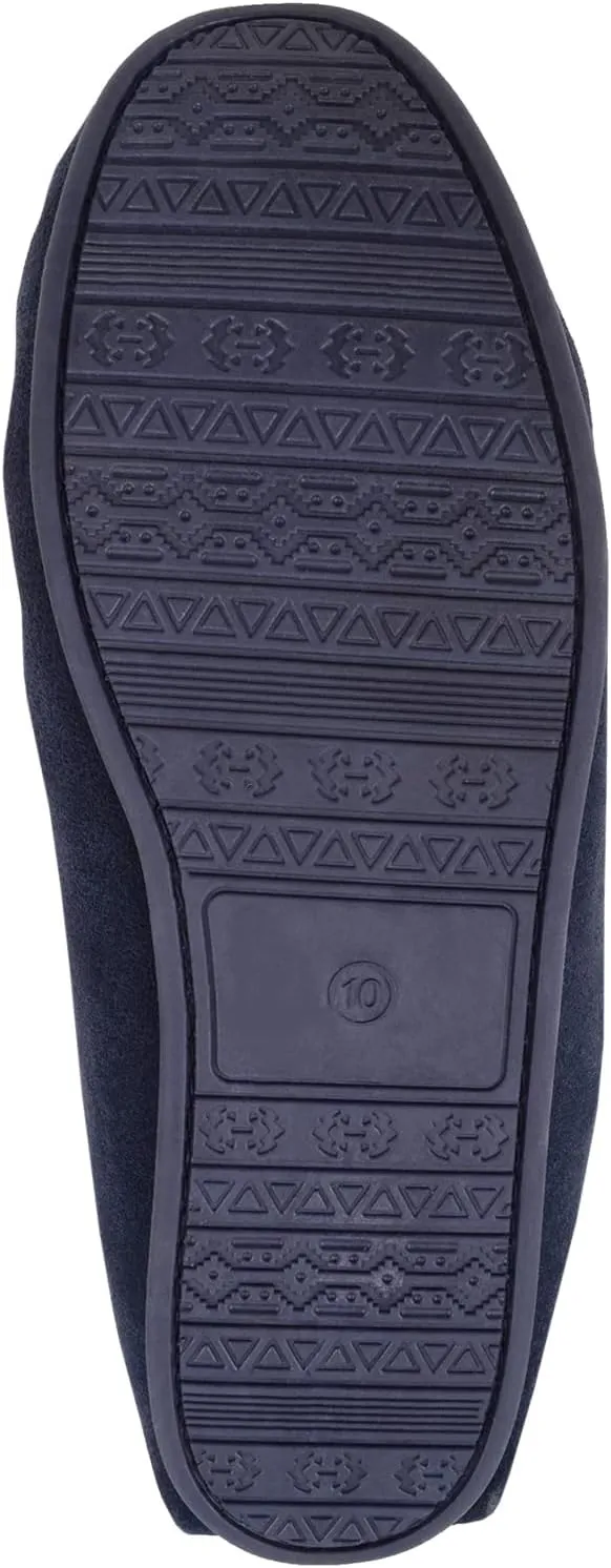 Mens Easy Slip On Suede Fabric Lined Winter Moccasin Slippers with Hard Sole