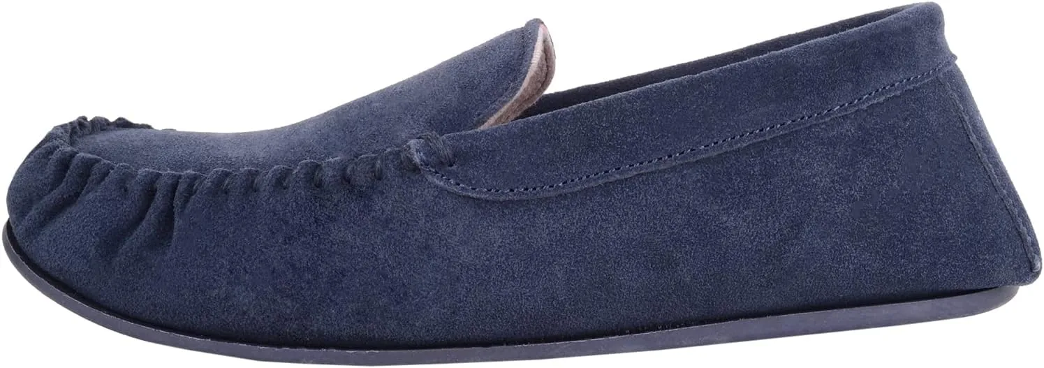Mens Easy Slip On Suede Fabric Lined Winter Moccasin Slippers with Hard Sole