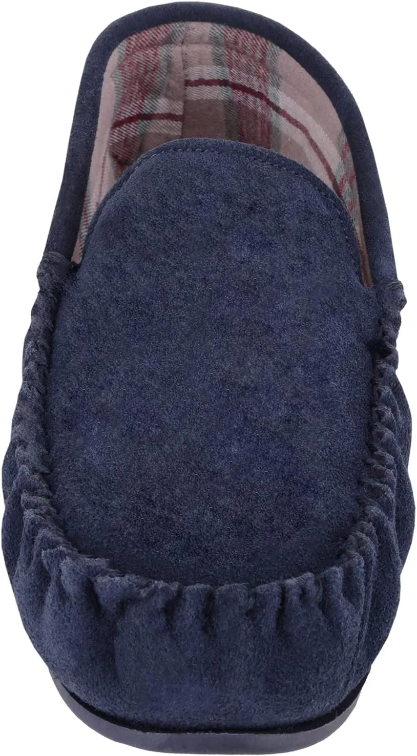 Mens Easy Slip On Suede Fabric Lined Winter Moccasin Slippers with Hard Sole