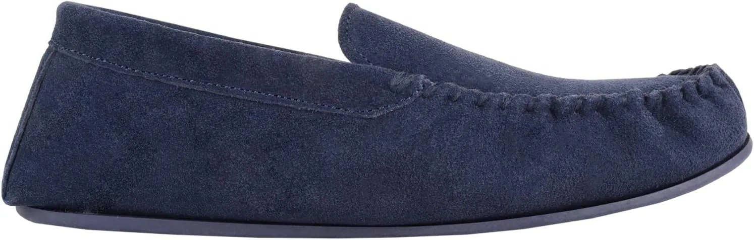 Mens Easy Slip On Suede Fabric Lined Winter Moccasin Slippers with Hard Sole