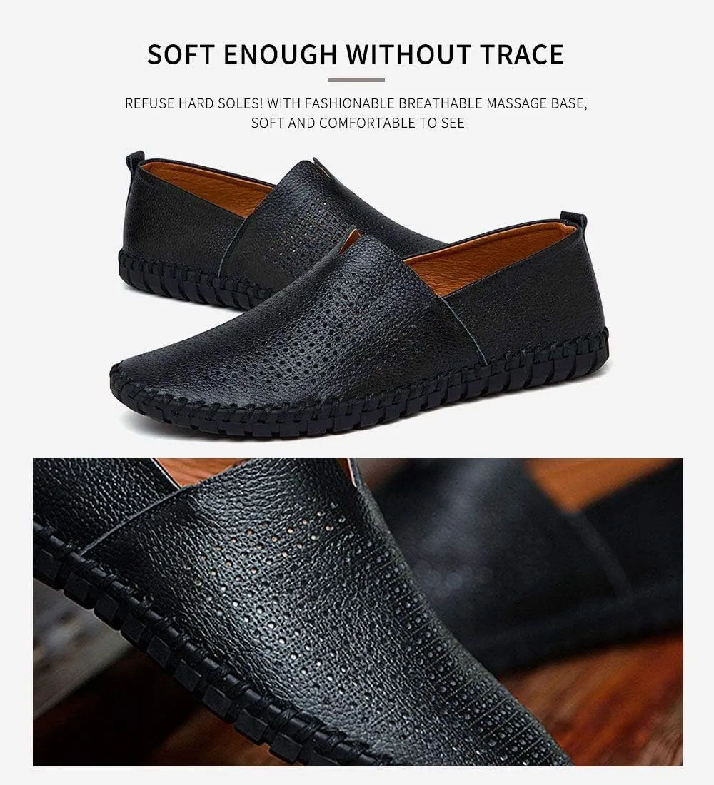 Men's Genuine Leather Loafer Shoes Slip On Soft Walking Shoes Perforated Driving Shoes
