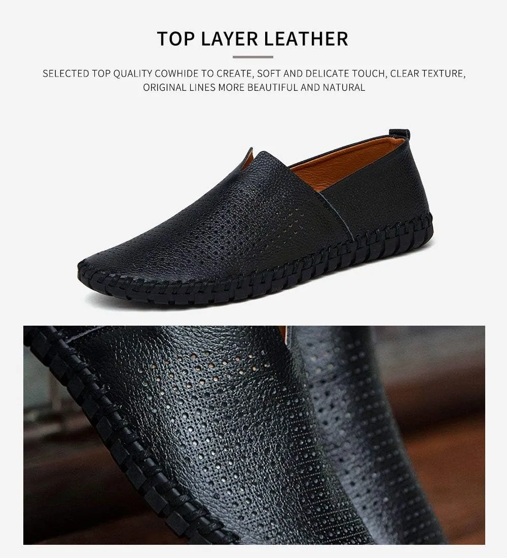 Men's Genuine Leather Loafer Shoes Slip On Soft Walking Shoes Perforated Driving Shoes
