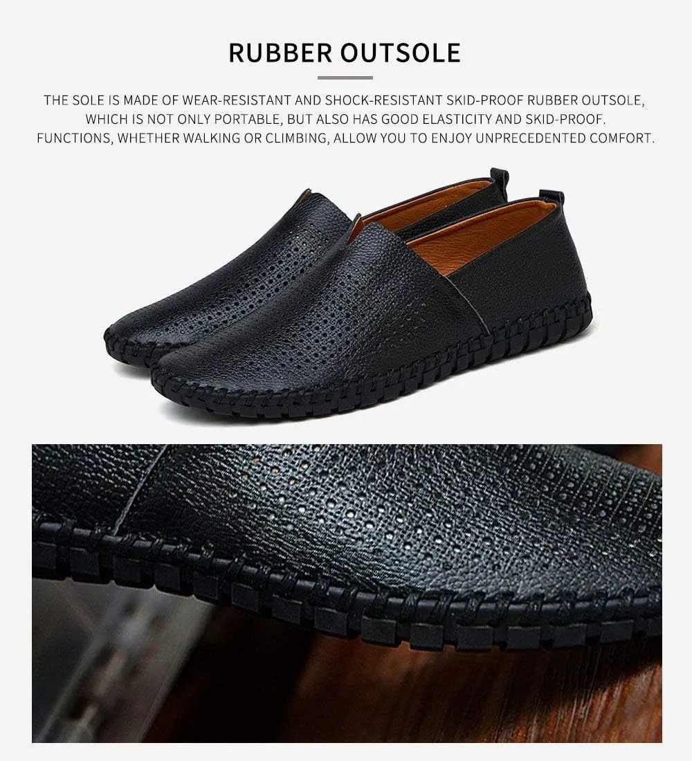 Men's Genuine Leather Loafer Shoes Slip On Soft Walking Shoes Perforated Driving Shoes