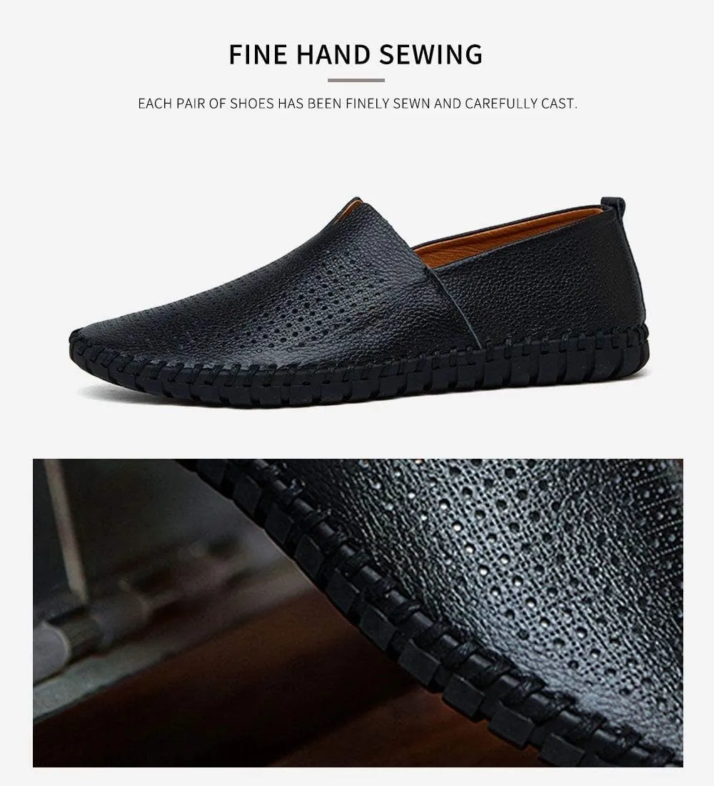Men's Genuine Leather Loafer Shoes Slip On Soft Walking Shoes Perforated Driving Shoes
