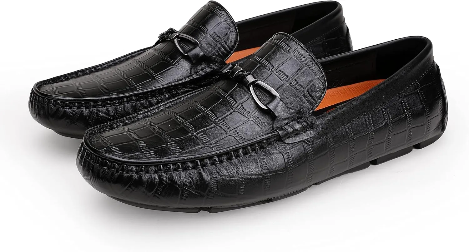 Men's Genuine Leather Loafers Crocodile Printed Slip On Soft Driving Dress Shoes