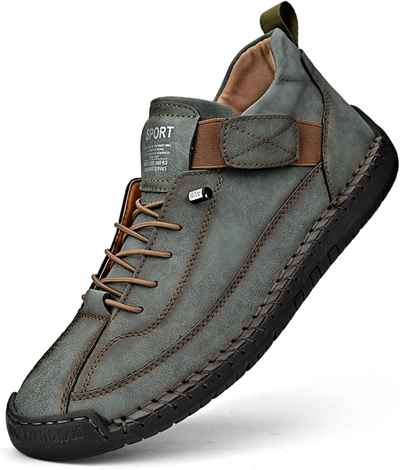 Men'S Hand Stitching Leather Chukka Ankle Boots with Adjustable Elastic Band Casual Slip-On Non-Slip Walking Loafers Retro High Top Flat Shoes