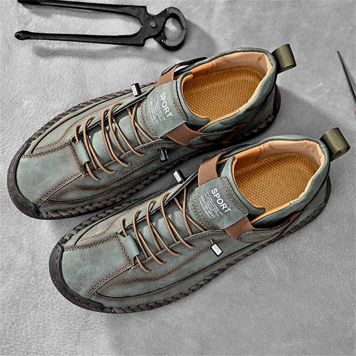 Men'S Hand Stitching Leather Chukka Ankle Boots with Adjustable Elastic Band Casual Slip-On Non-Slip Walking Loafers Retro High Top Flat Shoes