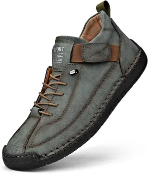 Men'S Hand Stitching Leather Chukka Ankle Boots with Adjustable Elastic Band Casual Slip-On Non-Slip Walking Loafers Retro High Top Flat Shoes