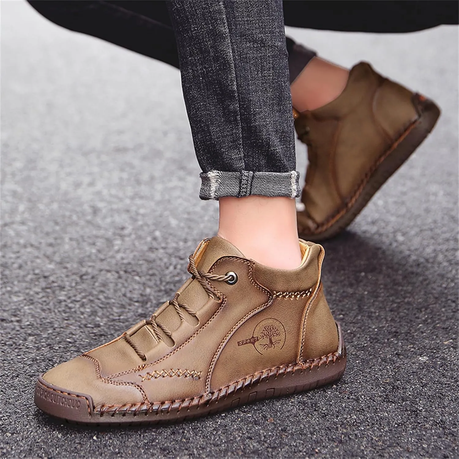 Mens Hand Stitching Leather Lace Up Ankle Boots Casual Vintage Non Slip Flats Arch Support Loafers for Hiking Walking Driving Chukka Boots