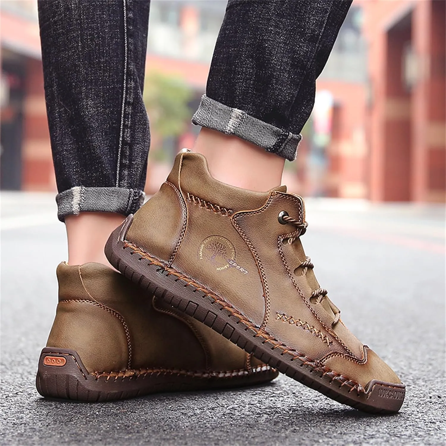 Mens Hand Stitching Leather Lace Up Ankle Boots Casual Vintage Non Slip Flats Arch Support Loafers for Hiking Walking Driving Chukka Boots