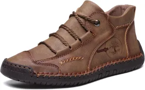 Mens Hand Stitching Leather Lace Up Ankle Boots Casual Vintage Non Slip Flats Arch Support Loafers for Hiking Walking Driving Chukka Boots