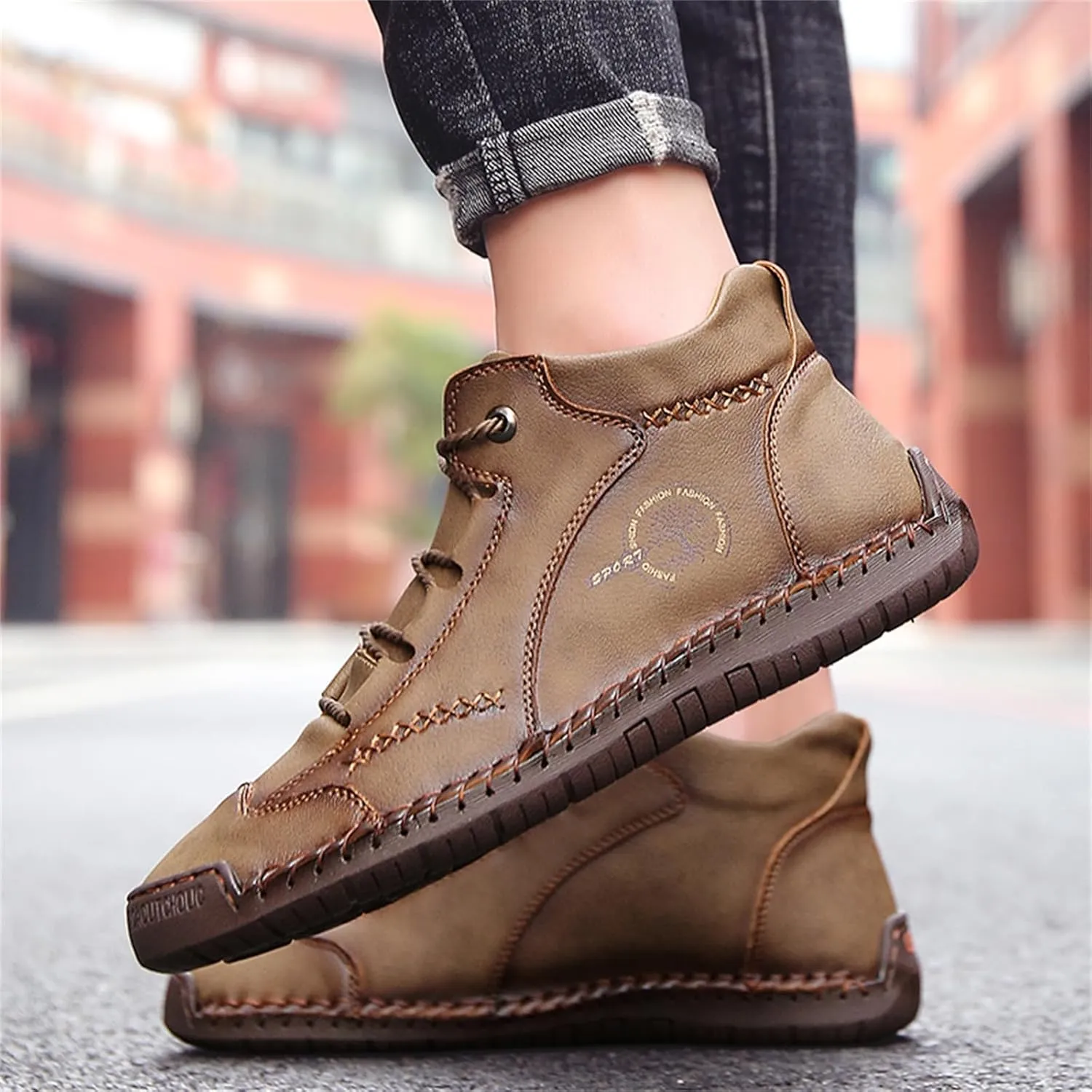 Mens Hand Stitching Leather Lace Up Ankle Boots Casual Vintage Non Slip Flats Arch Support Loafers for Hiking Walking Driving Chukka Boots