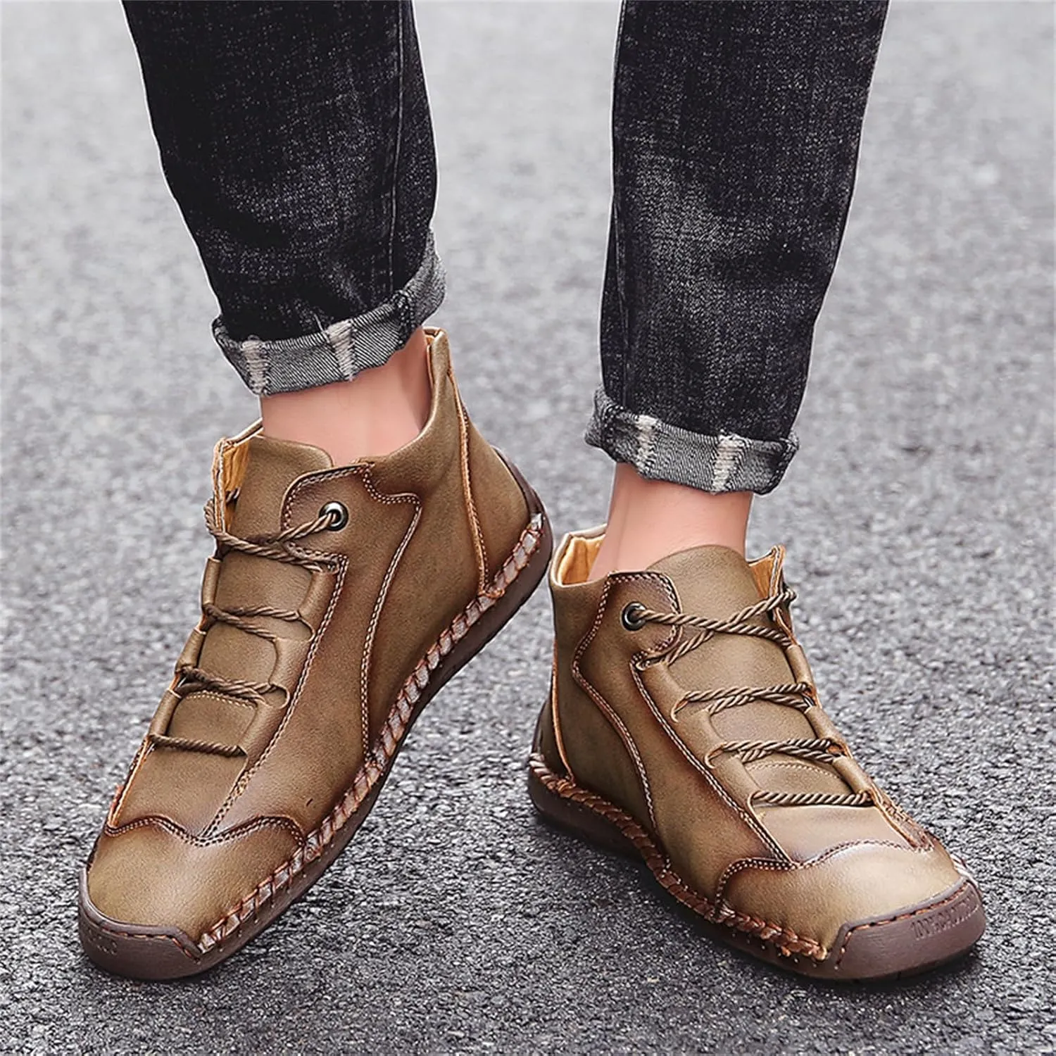 Mens Hand Stitching Leather Lace Up Ankle Boots Casual Vintage Non Slip Flats Arch Support Loafers for Hiking Walking Driving Chukka Boots