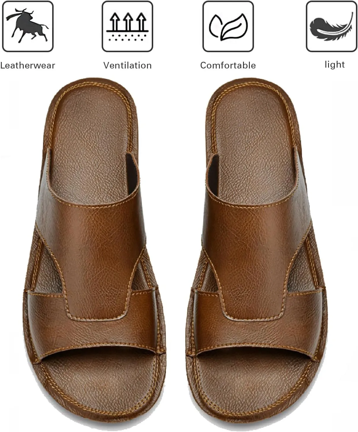 Men's Leather Cutout Slides Sandals Comfortable Lightweight Open Toe Anti-Slip Soft Bottom Slip On Slippers Summer Outdoor Casual Beach Sandals