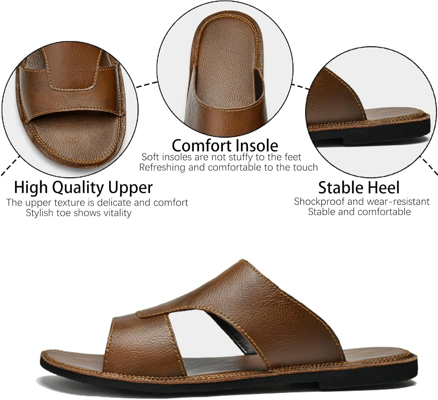 Men's Leather Cutout Slides Sandals Comfortable Lightweight Open Toe Anti-Slip Soft Bottom Slip On Slippers Summer Outdoor Casual Beach Sandals