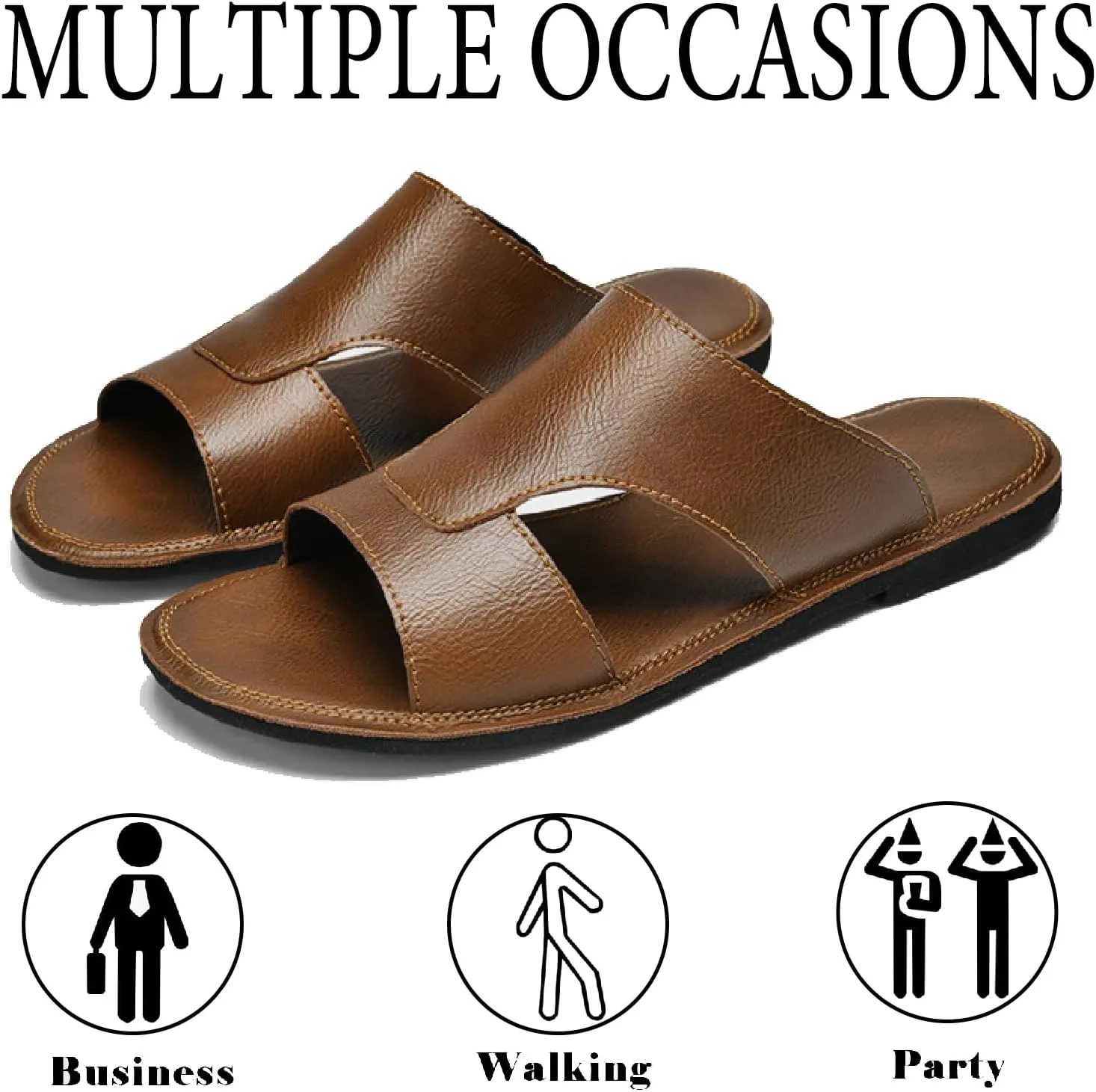 Men's Leather Cutout Slides Sandals Comfortable Lightweight Open Toe Anti-Slip Soft Bottom Slip On Slippers Summer Outdoor Casual Beach Sandals
