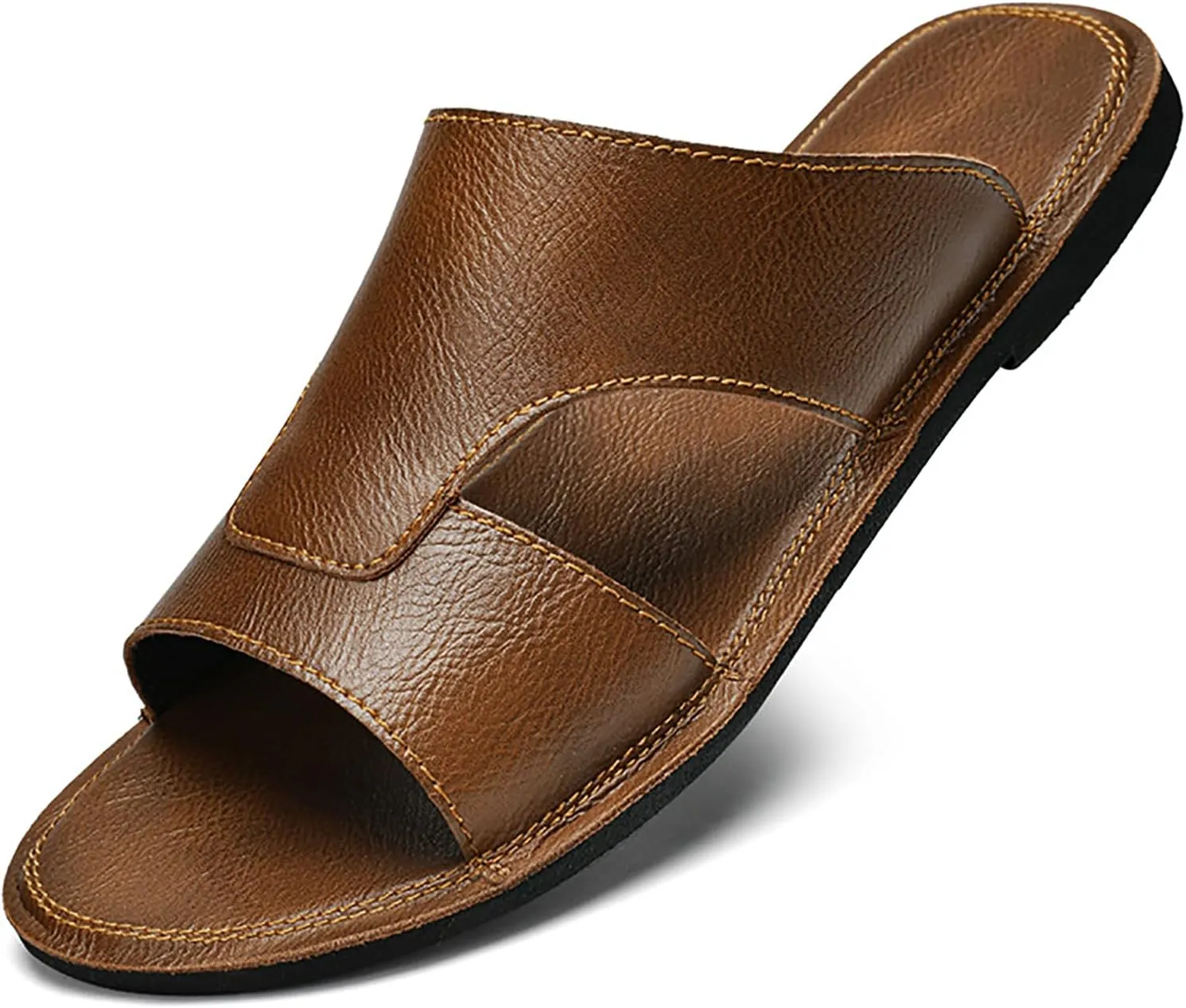 Men's Leather Cutout Slides Sandals Comfortable Lightweight Open Toe Anti-Slip Soft Bottom Slip On Slippers Summer Outdoor Casual Beach Sandals