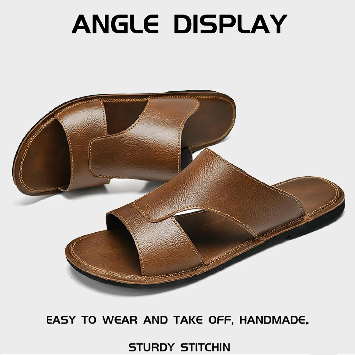 Men's Leather Cutout Slides Sandals Comfortable Lightweight Open Toe Anti-Slip Soft Bottom Slip On Slippers Summer Outdoor Casual Beach Sandals