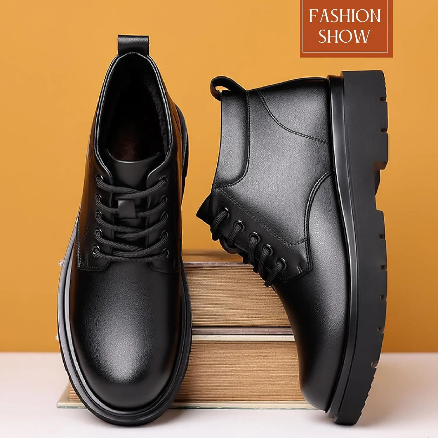 Men's Leather Platform Oxford Boots Classic Lace Up Comfortable Round Toe Non-Slip Lug Sole Chunky Heel Casual Chukka Booties for Work Business Office Dress Shoes