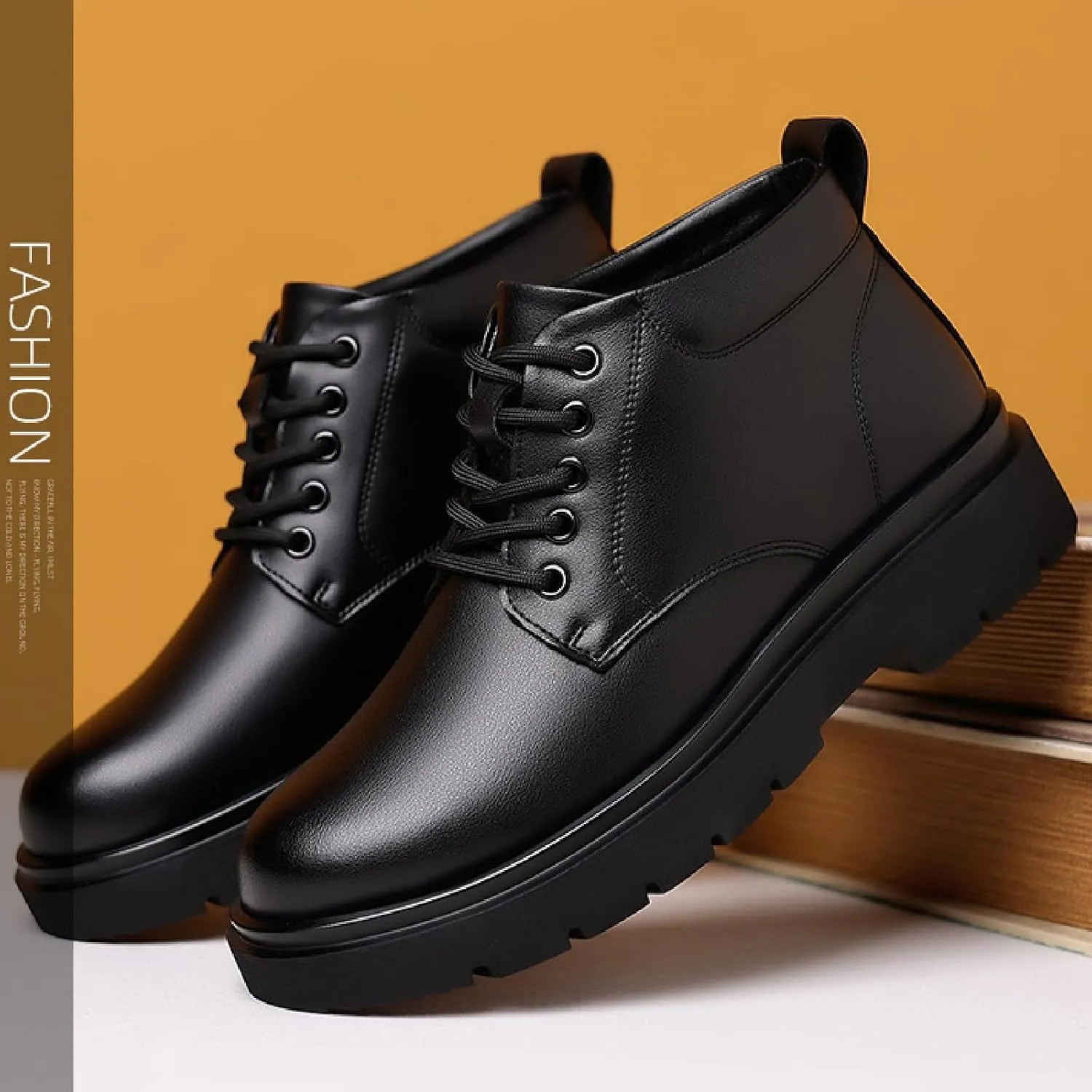 Men's Leather Platform Oxford Boots Classic Lace Up Comfortable Round Toe Non-Slip Lug Sole Chunky Heel Casual Chukka Booties for Work Business Office Dress Shoes