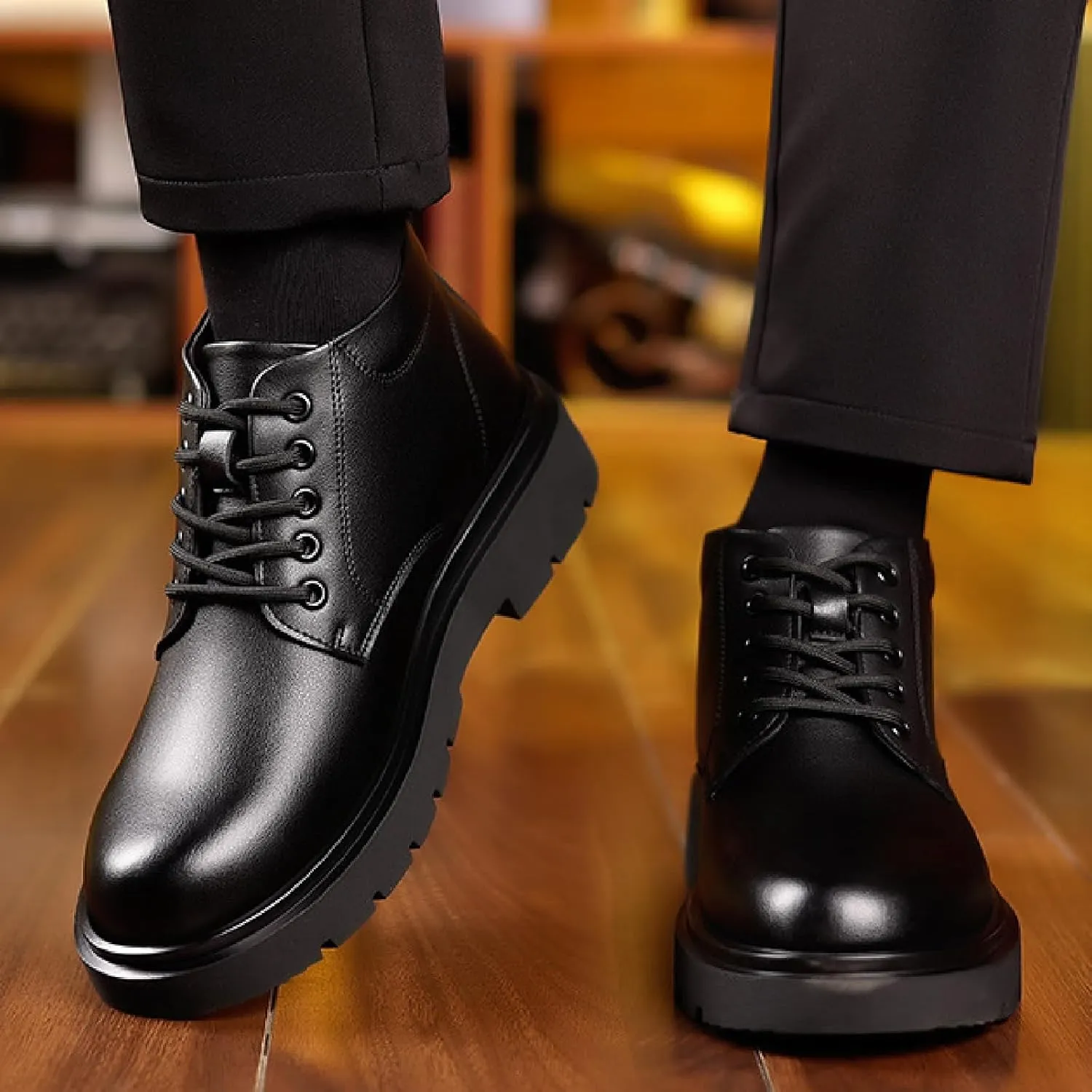 Men's Leather Platform Oxford Boots Classic Lace Up Comfortable Round Toe Non-Slip Lug Sole Chunky Heel Casual Chukka Booties for Work Business Office Dress Shoes