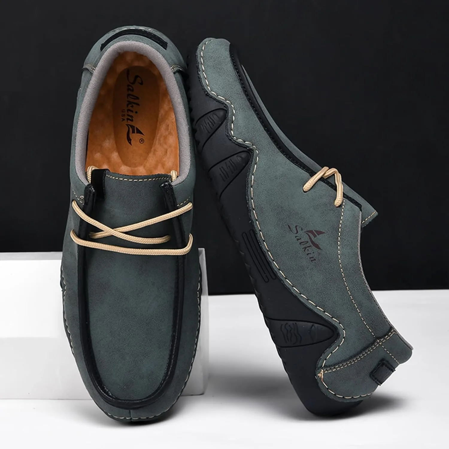 Men's Leather Slip On Casual Low Loafers Lightweight Non-Slip Flat Driving Walking Shoes Soft Moccasin Shoes