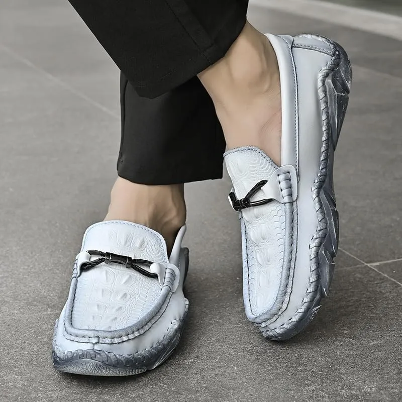 Men's Loafers Round Toe Crocodile Print Leather Loafer Shoes Anti-Slip Comfortable Flexible Wedding Slip On