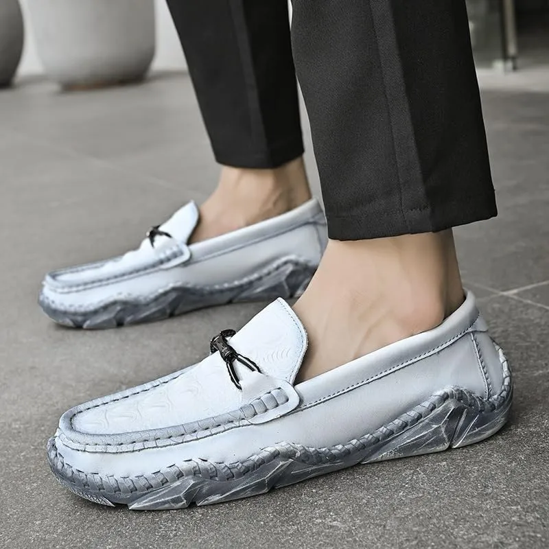 Men's Loafers Round Toe Crocodile Print Leather Loafer Shoes Anti-Slip Comfortable Flexible Wedding Slip On