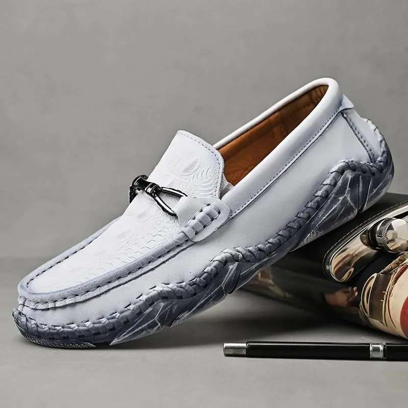 Men's Loafers Round Toe Crocodile Print Leather Loafer Shoes Anti-Slip Comfortable Flexible Wedding Slip On