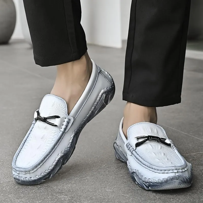 Men's Loafers Round Toe Crocodile Print Leather Loafer Shoes Anti-Slip Comfortable Flexible Wedding Slip On