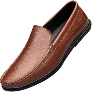 Mens Loafers Round Toe Genuine Leather Crocodile Print Loafer Shoes Flexible Resistant Flat Heel Prom Slip On