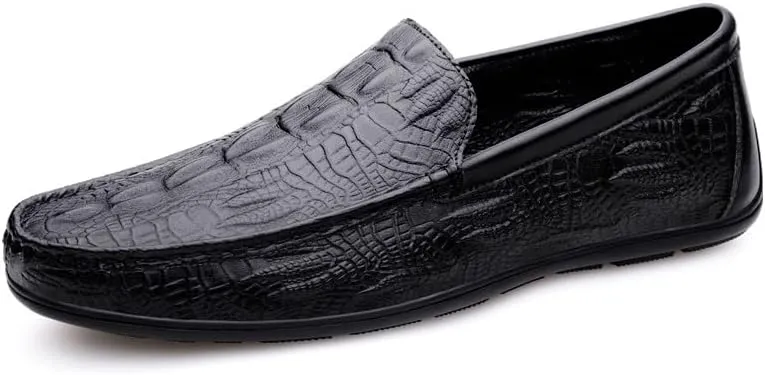 Mens Loafers Round Toe Vegan Leather Crocodile Embossed Loafer Resistant Flexible Comfortable Casual Slip On