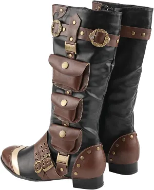 Mens Medieval Knee High Boot Steampunk Retro Combat Leather Pirate Knight Captain Viking Shoes for Halloween Cosplay