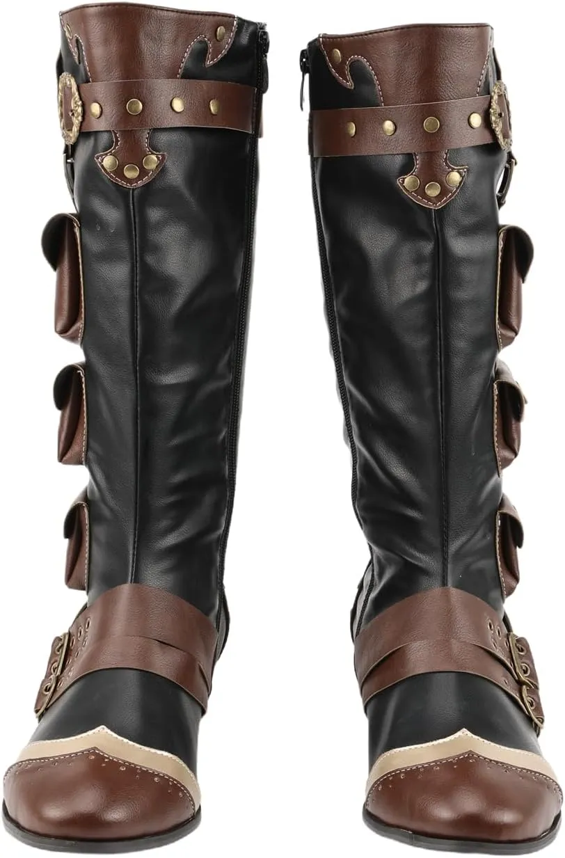 Mens Medieval Knee High Boot Steampunk Retro Combat Leather Pirate Knight Captain Viking Shoes for Halloween Cosplay