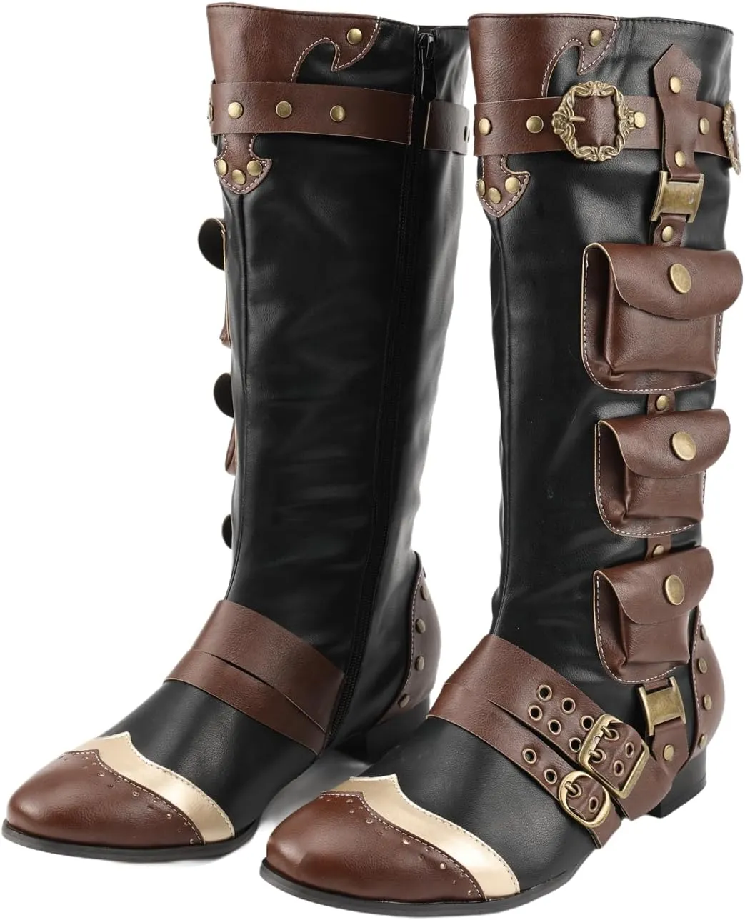 Mens Medieval Knee High Boot Steampunk Retro Combat Leather Pirate Knight Captain Viking Shoes for Halloween Cosplay
