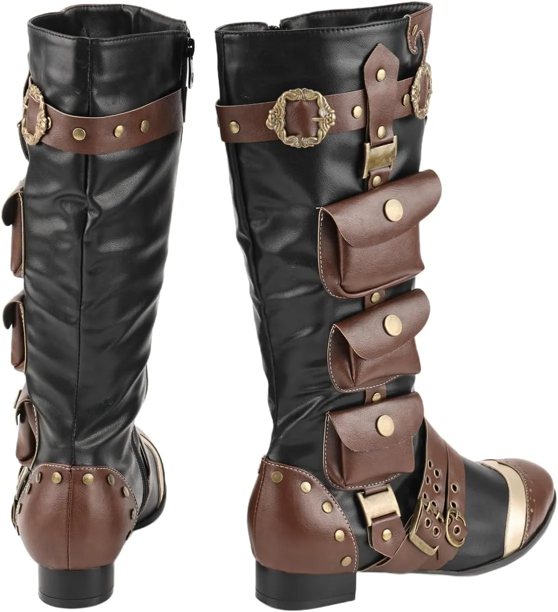 Mens Medieval Knee High Boot Steampunk Retro Combat Leather Pirate Knight Captain Viking Shoes for Halloween Cosplay