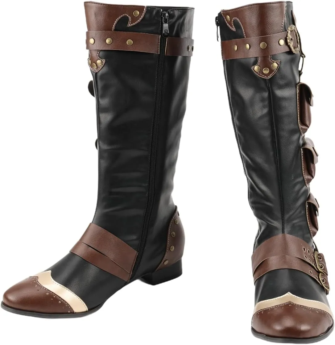 Mens Medieval Knee High Boot Steampunk Retro Combat Leather Pirate Knight Captain Viking Shoes for Halloween Cosplay