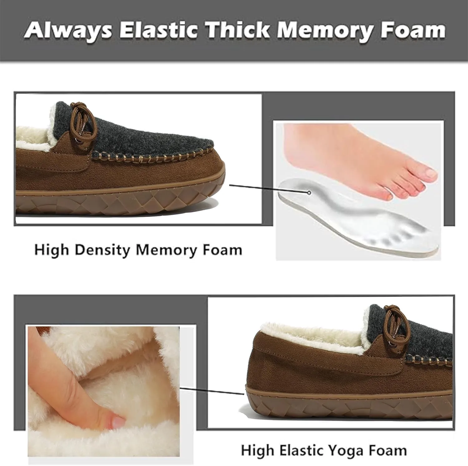 Men's Moccasin Slippers Warm Memory Foam Soft Plush Lined Slip on Indoor Outdoor House Shoes