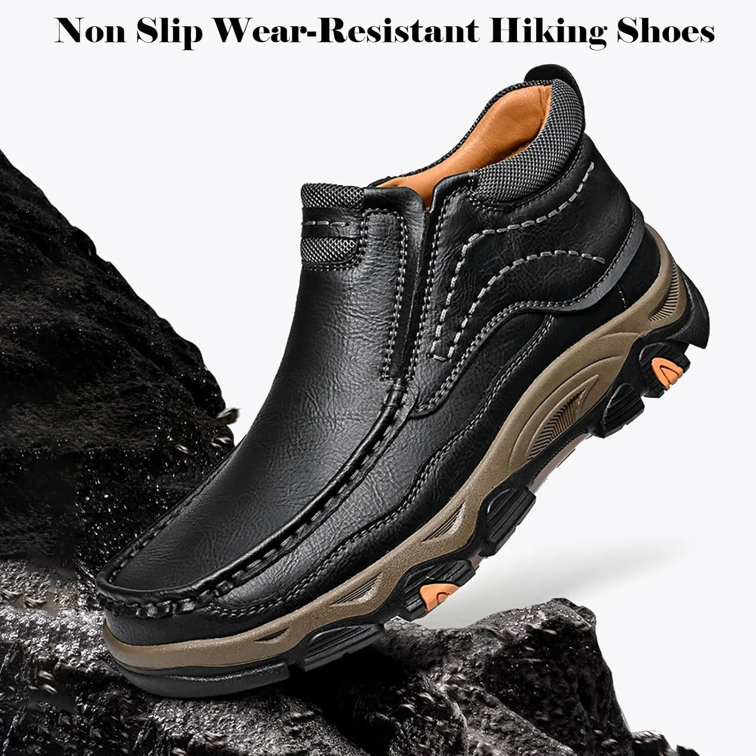 Men's Slip On Waterproof Loafers, Leather Hiking Shoes, Non-Slip Walking Boots, Casual Outdoor Sneakers, Lightweight Breathable Slippers, Easy Wear on/Off