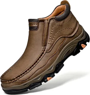 Men's Slip On Waterproof Loafers, Leather Hiking Shoes, Non-Slip Walking Boots, Casual Outdoor Sneakers, Lightweight Breathable Slippers, Easy Wear on/Off