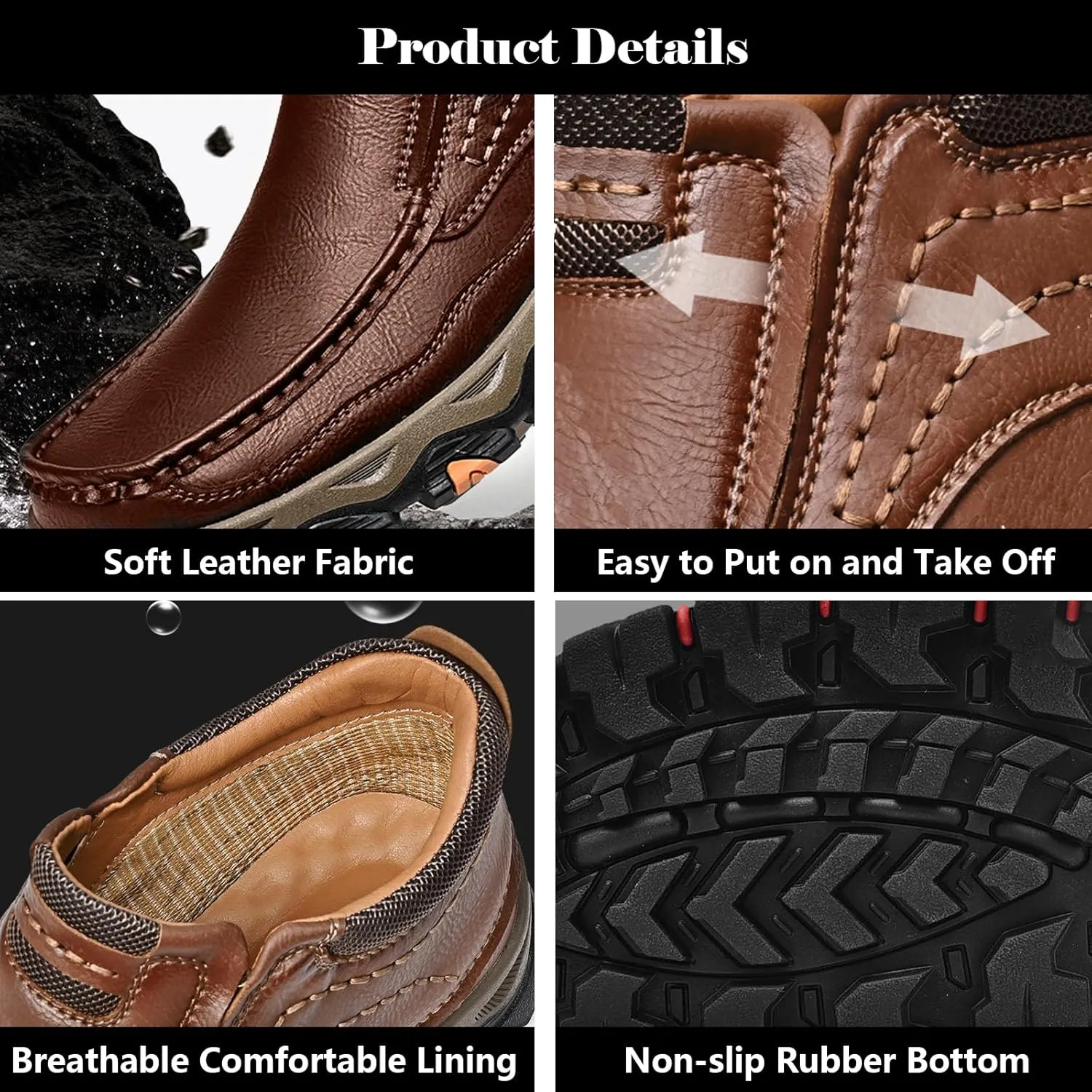 Men's Slip On Waterproof Loafers, Leather Hiking Shoes, Non-Slip Walking Boots, Casual Outdoor Sneakers, Lightweight Breathable Slippers, Easy Wear on/Off