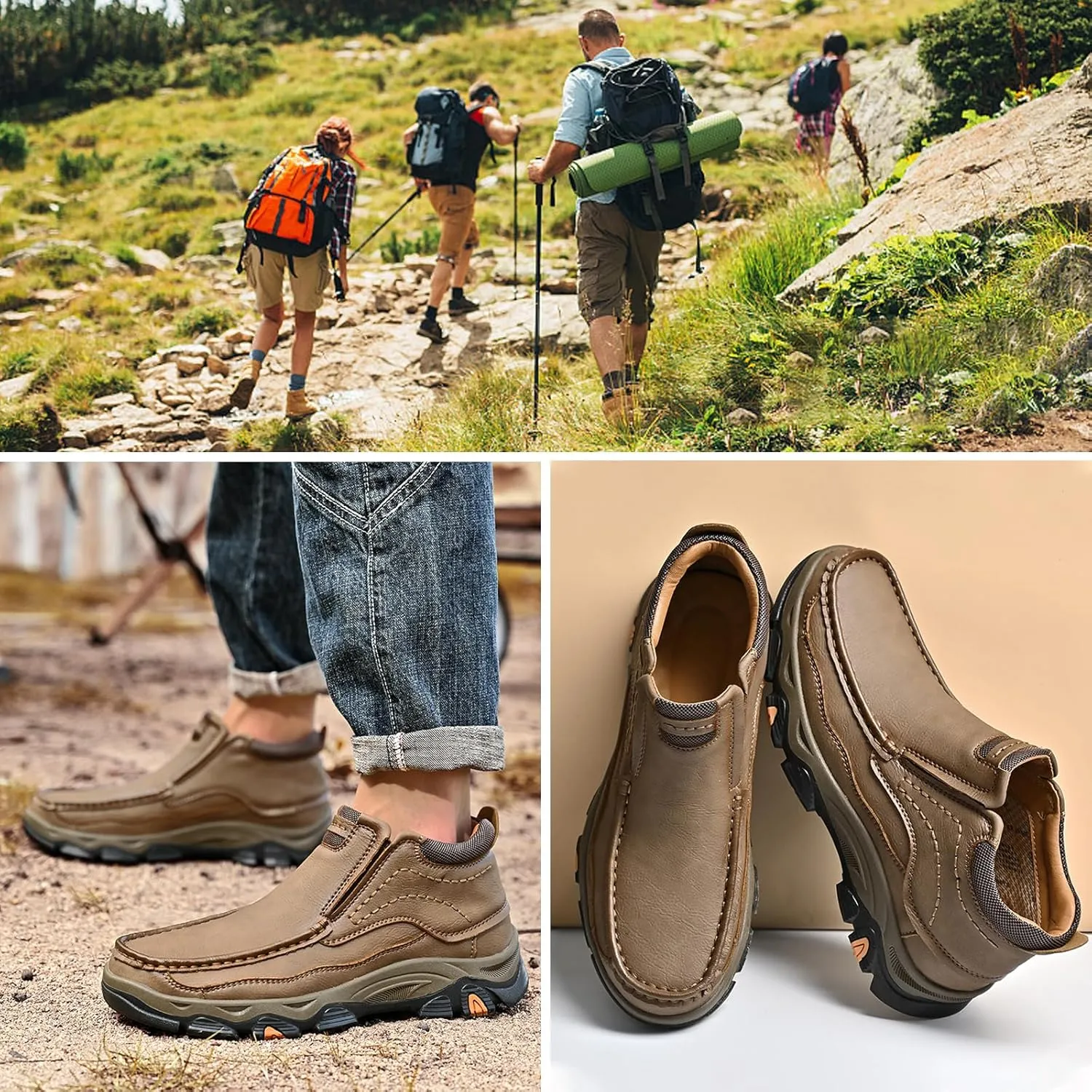 Men's Slip On Waterproof Loafers, Leather Hiking Shoes, Non-Slip Walking Boots, Casual Outdoor Sneakers, Lightweight Breathable Slippers, Easy Wear on/Off