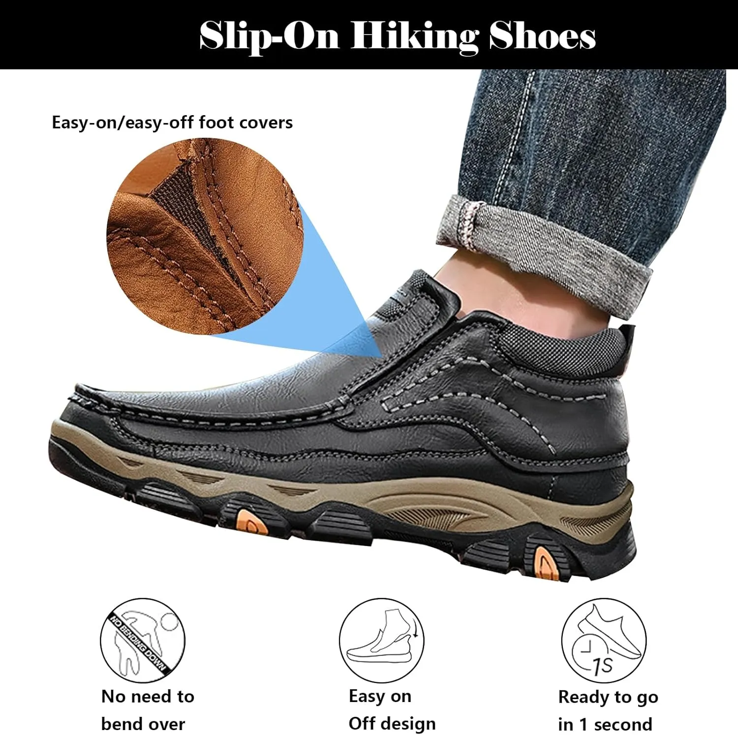 Men's Slip On Waterproof Loafers, Leather Hiking Shoes, Non-Slip Walking Boots, Casual Outdoor Sneakers, Lightweight Breathable Slippers, Easy Wear on/Off