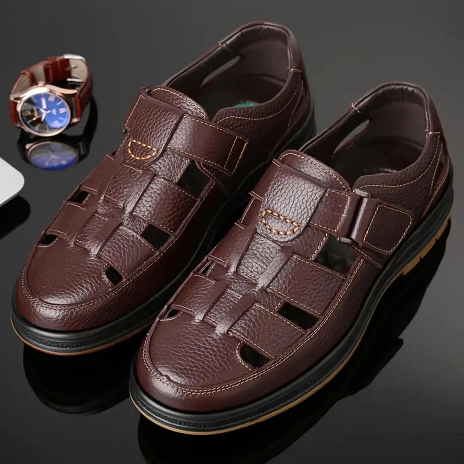 Men's Sneakers Men's Leather Breathable Hollow Casual Leather Shoes